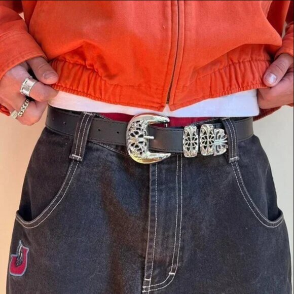 vintage chrome buckle black american western design belt - Picture 6 of 6